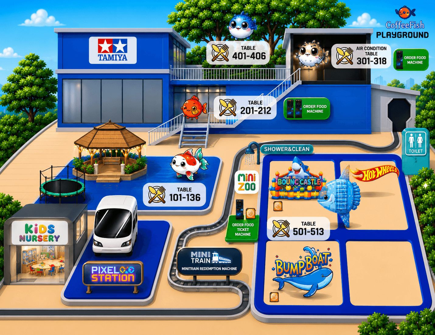 CoffeeFish playground map showing each activity zone and table locations