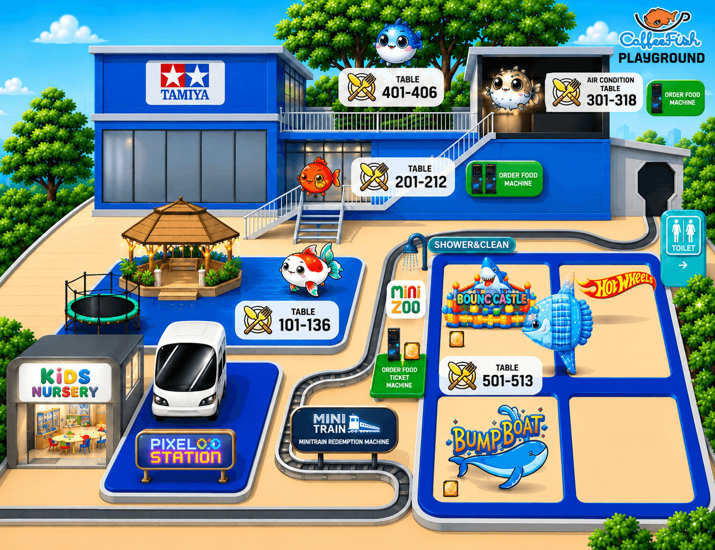 CoffeeFish playground map showing each activity zone and table locations